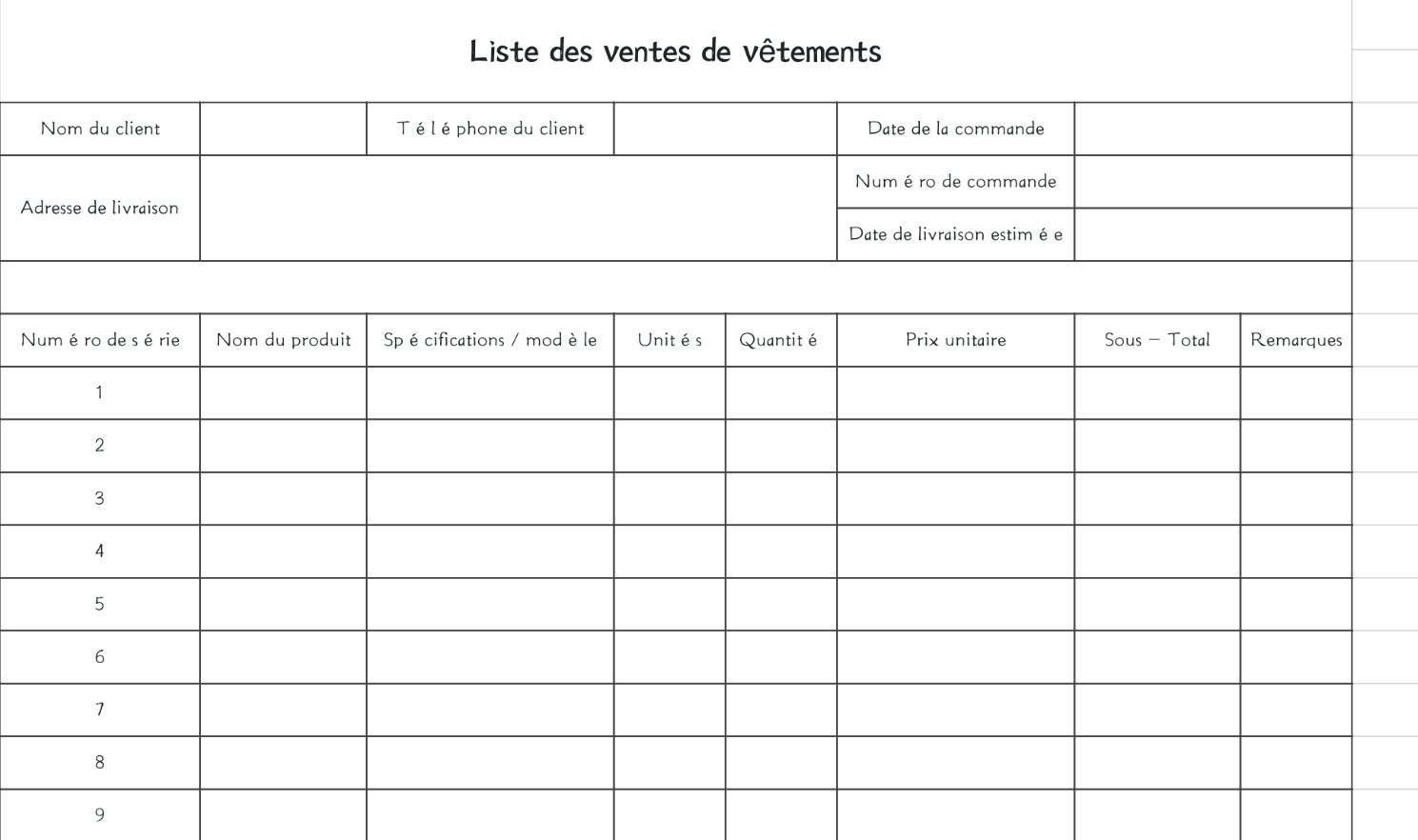 Liste des ventes de vêtements